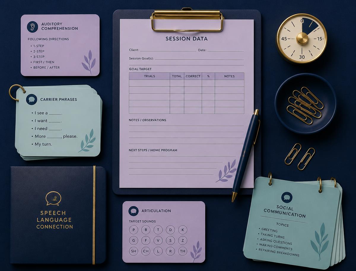 Organized speech-language pathology workspace with therapy materials